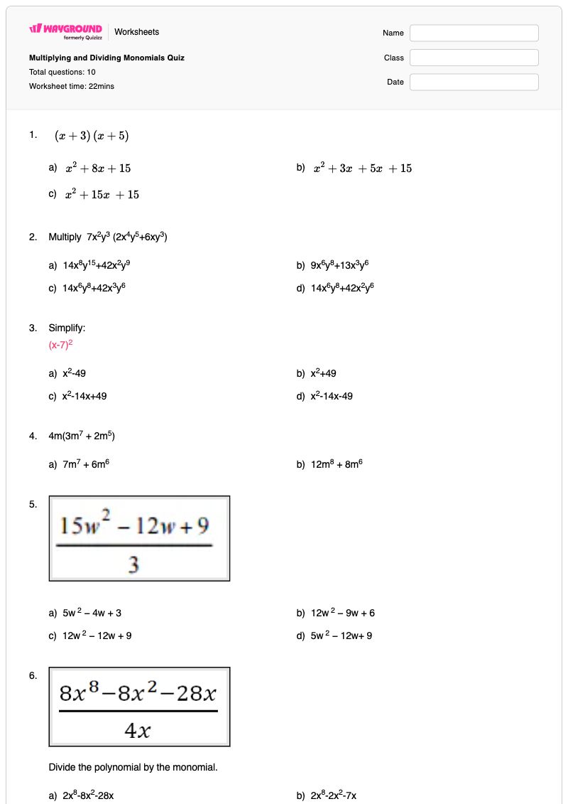 Multiplying and Dividing Monomials Quiz - พิมพ์ได้ การดำเนินการเอกนาม เวิร์กชีท ระดับ 8 - Wayground