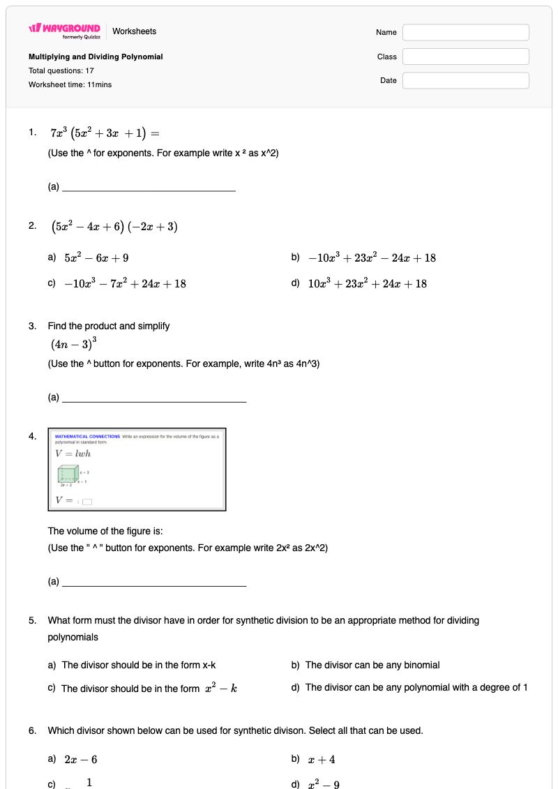 Multiplying and Dividing Polynomial - Printable Synthetic-substitution Worksheets Grade 9 - Wayground