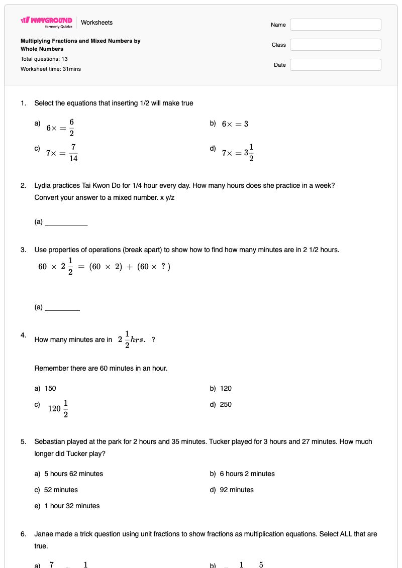 Multiplying Fractions and Mixed Numbers by Whole Numbers - พิมพ์ได้ Properties-of-numbers เวิร์กชีท ระดับ 4 - Wayground