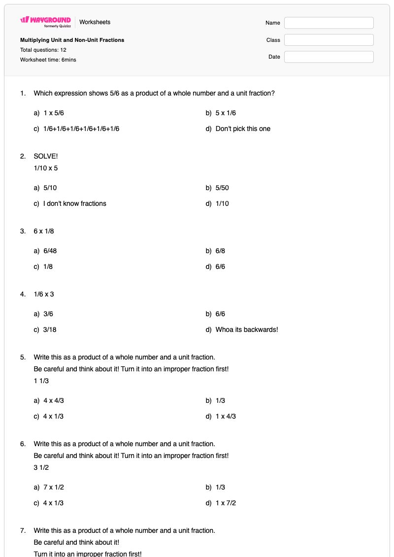 Multiplying Unit and Non-Unit Fractions - พิมพ์ได้ หน่วยที่ไม่เป็นมาตรฐาน เวิร์กชีท - Wayground