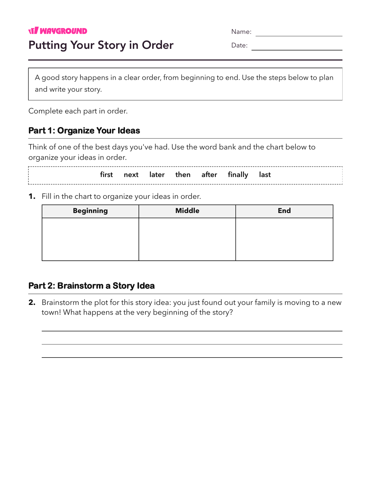 Putting Your Story in Order - Nadający się do druku Pisanie-narracji Karty-pracy Klasa 6 - Wayground