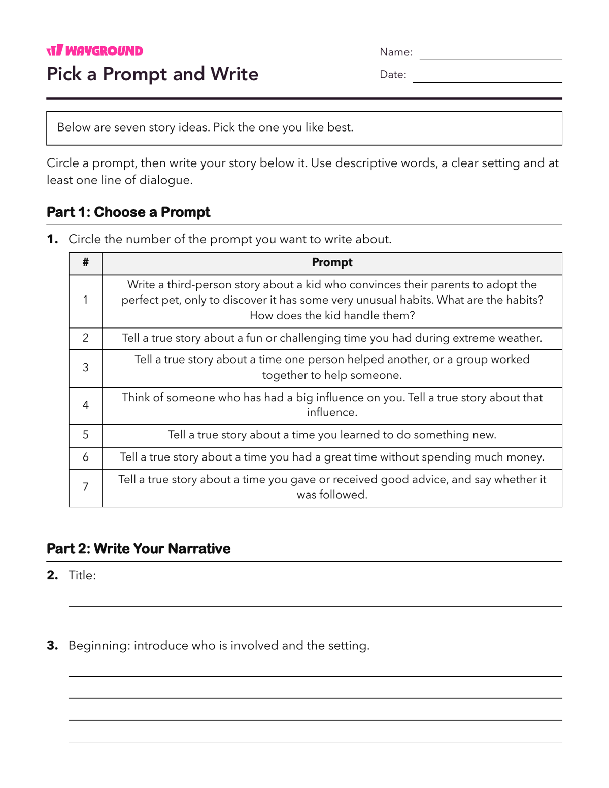 Pick a Prompt and Write - Nadający się do druku Pisanie-narracji Karty-pracy Klasa 6 - Wayground