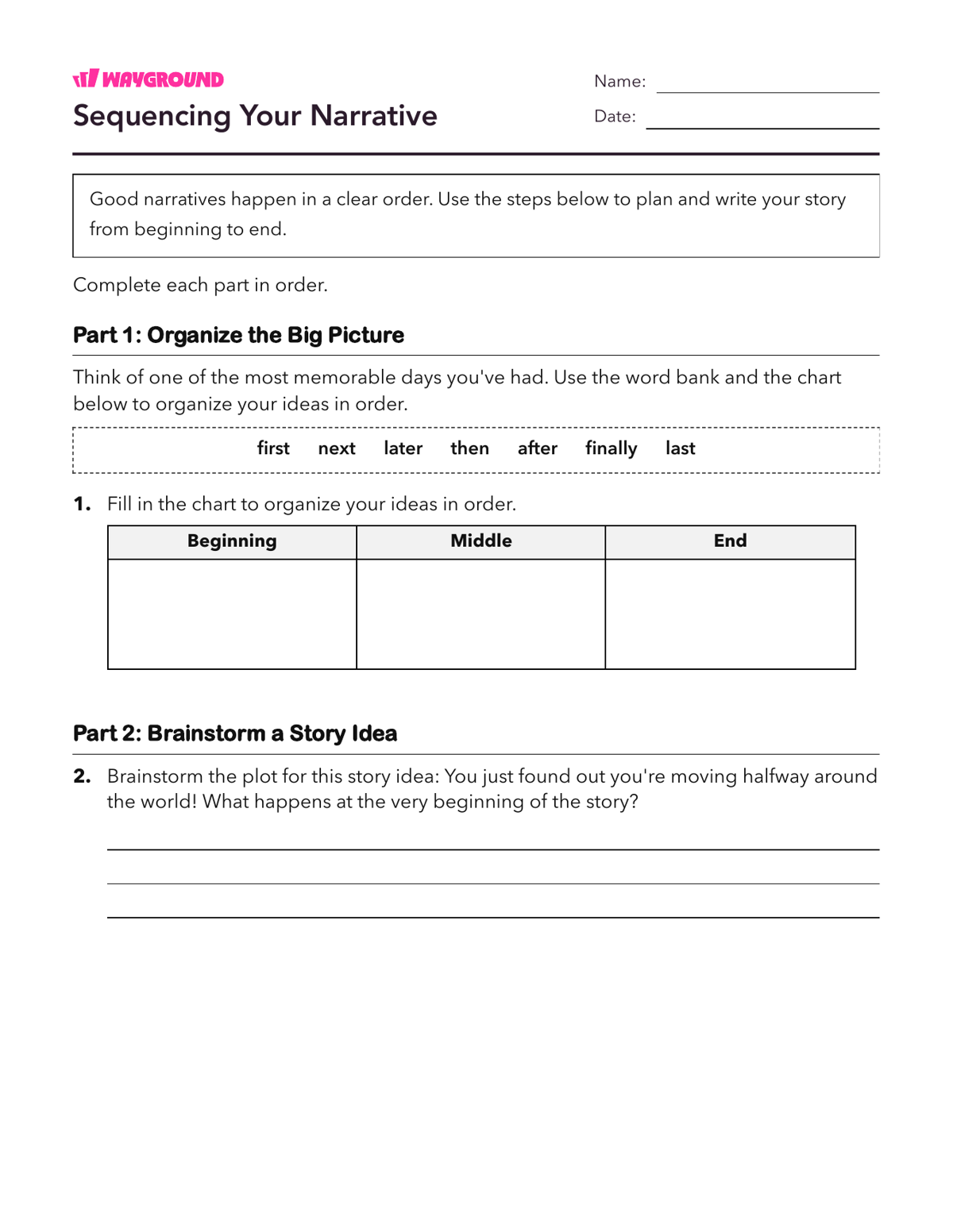 Sequencing Your Narrative - Nadający się do druku Pisanie-narracji Karty-pracy Klasa 7 - Wayground
