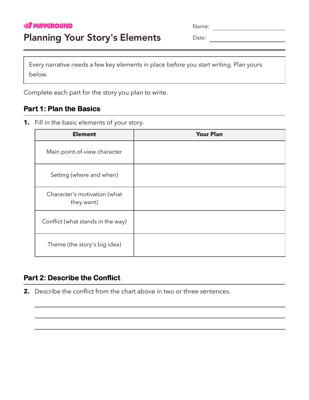 Planning Your Story's Elements - Nadający się do druku Pisanie-narracji Karty-pracy Klasa 7 - Wayground