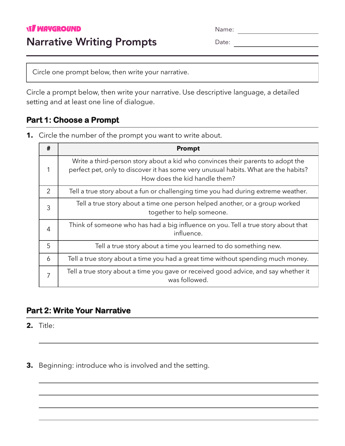 Narrative Writing Prompts - Nadający się do druku Pisanie-narracji Karty-pracy Klasa 7 - Wayground