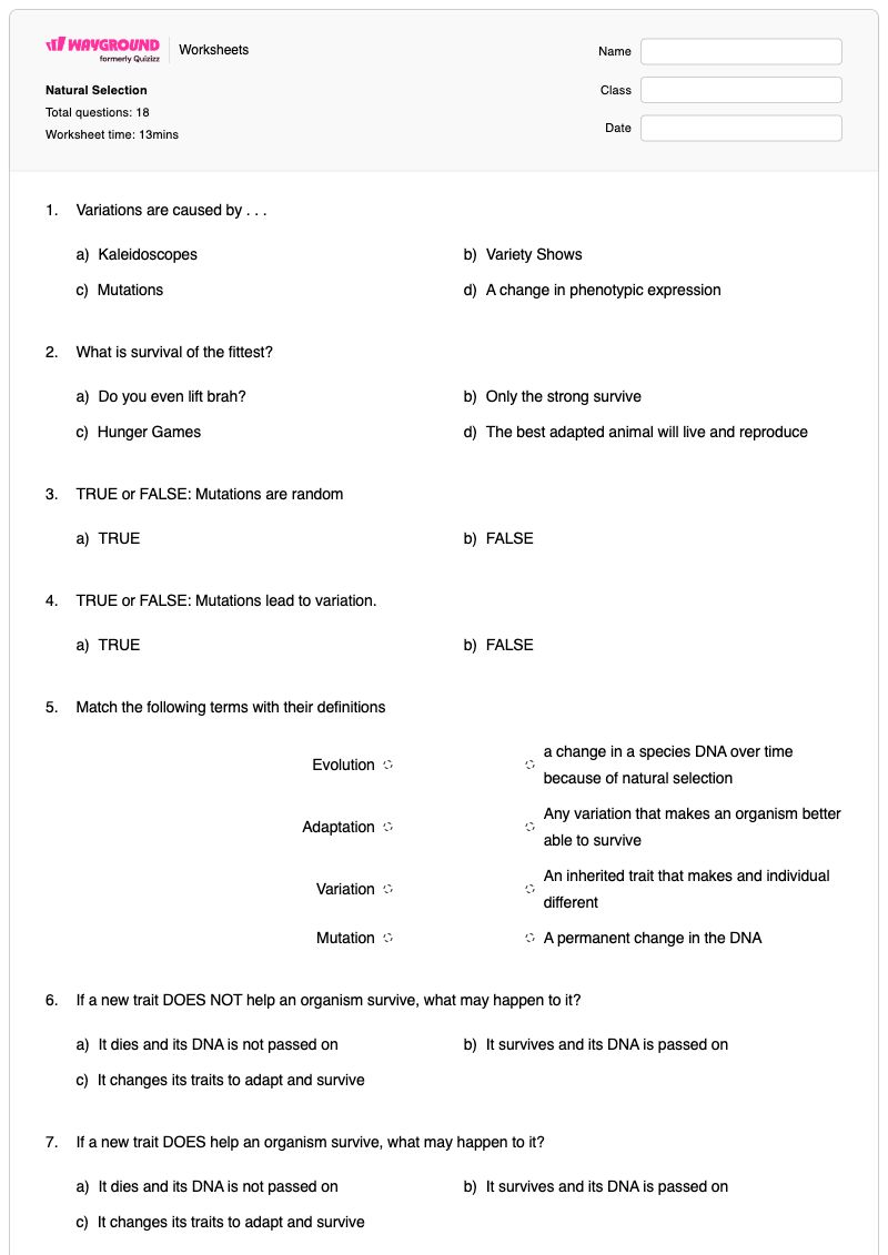Natural Selection - พิมพ์ได้ Animal-anatomy เวิร์กชีท ระดับ 7 - Wayground