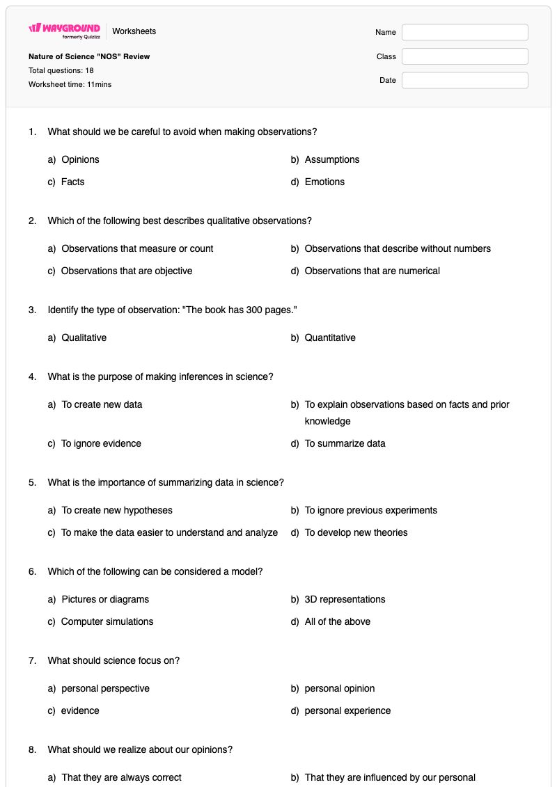 Nature of Science "NOS" Review - พิมพ์ได้ Scientific-observation เวิร์กชีท ระดับ 7 - Wayground