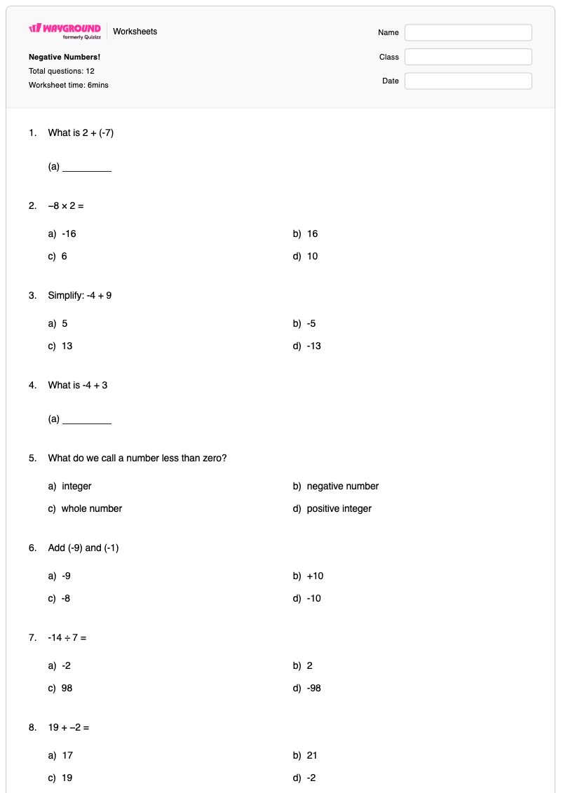 Negative Numbers! - พิมพ์ได้ Multiplying-and-dividing-negative-and-positive-numbers เวิร์กชีท ระดับ 9 - Wayground