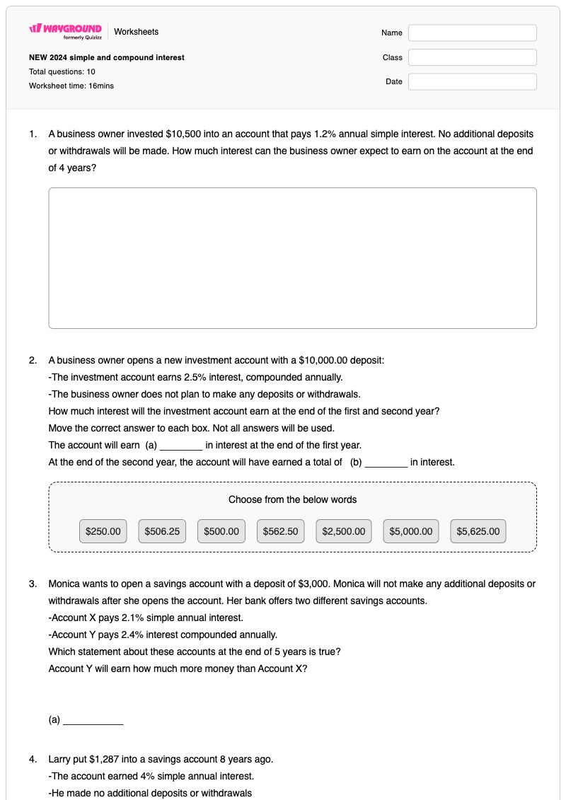 NEW 2024 simple and compound interest - พิมพ์ได้ ดอกเบี้ยทบต้นและดอกเบี้ยต่อเนื่อง เวิร์กชีท - Wayground