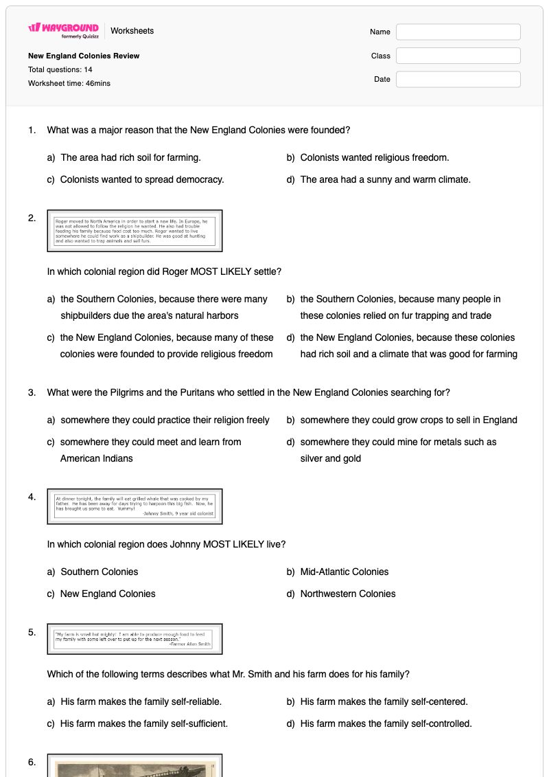 New England Colonies Review  - พิมพ์ได้ ภาพลักษณ์ของตนเอง เวิร์กชีท ระดับ 3 - Wayground