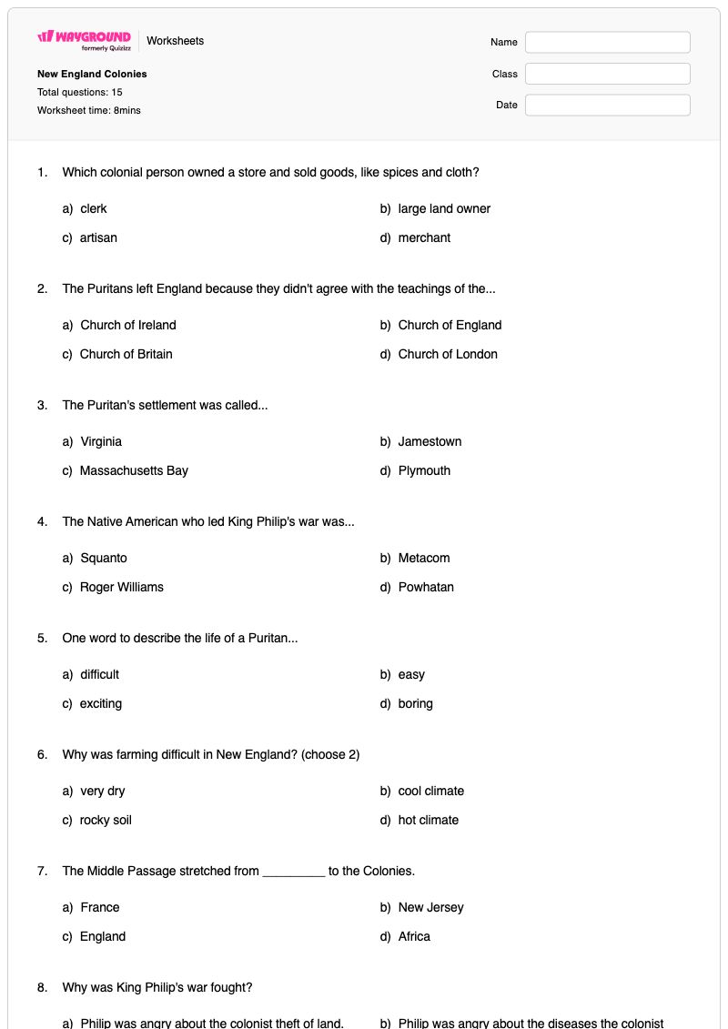 New England Colonies - พิมพ์ได้ Self-image เวิร์กชีท ระดับ 5 - Wayground