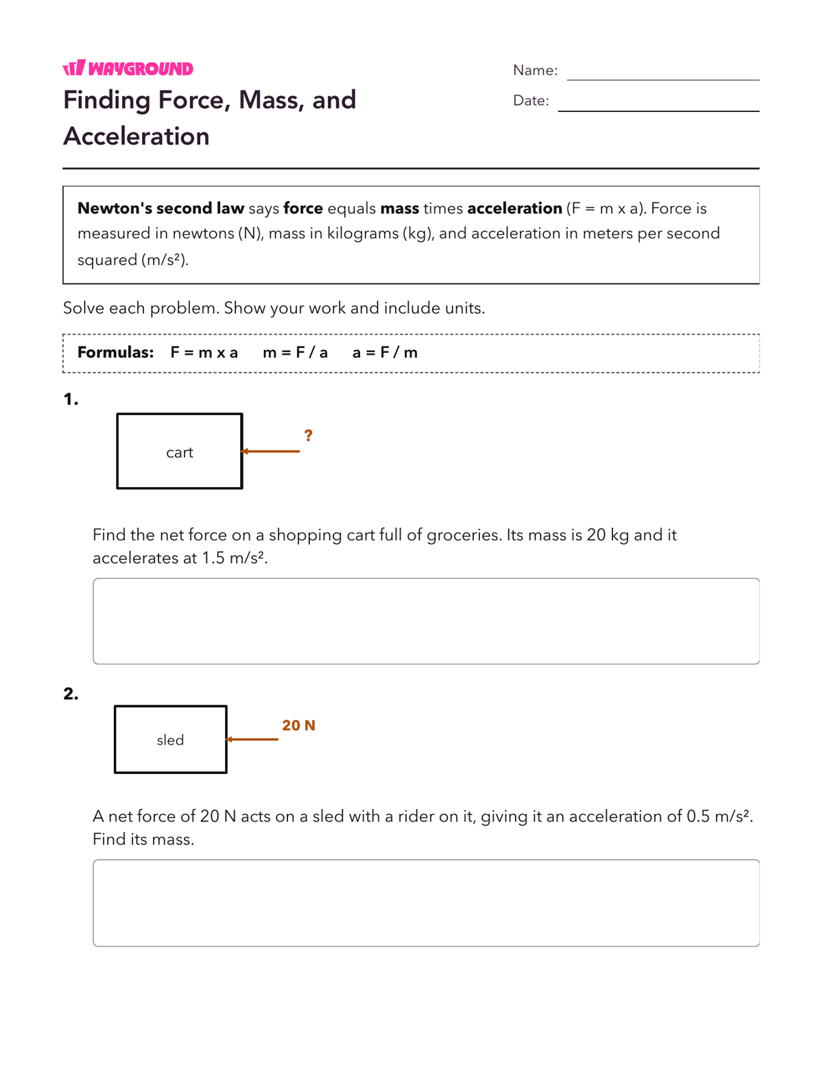 Finding Force, Mass, and Acceleration - Imprimível Segunda-lei-de-newton-do-movimento Fichas-de-trabalho - Wayground