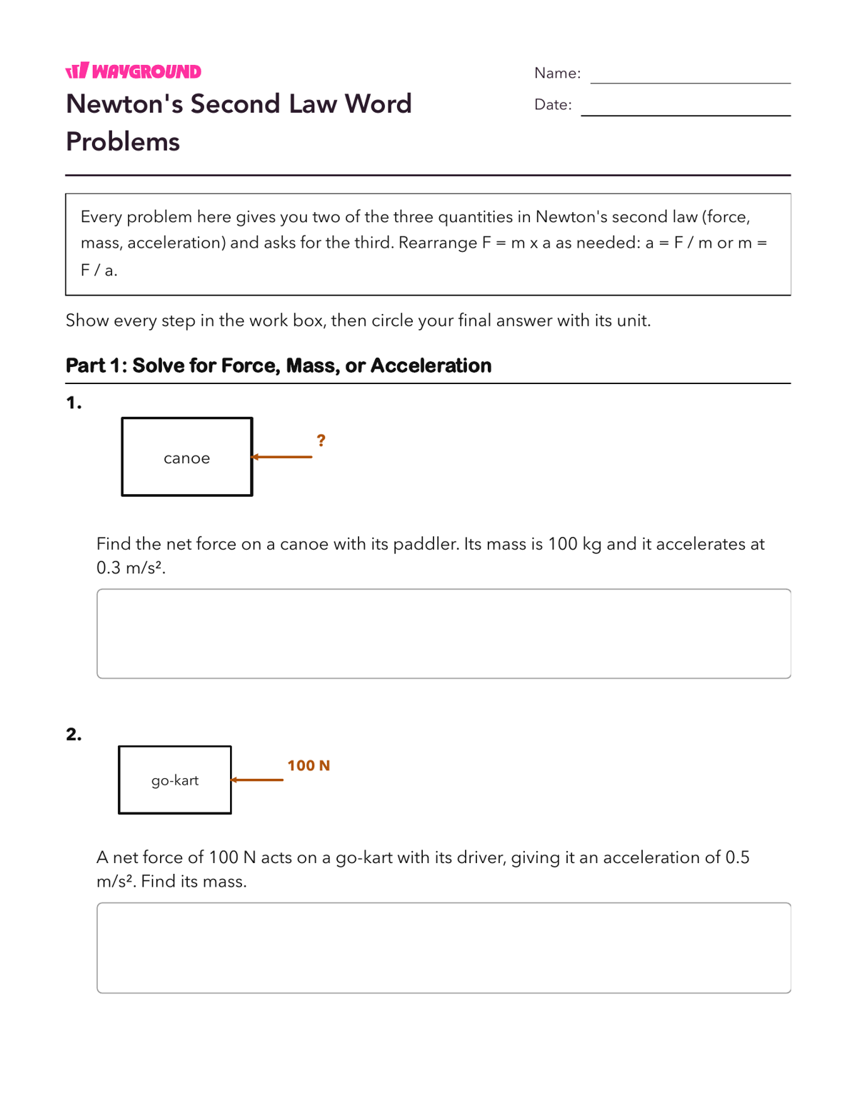 Newton's Second Law Word Problems - Imprimível Segunda-lei-de-newton-do-movimento Fichas-de-trabalho - Wayground