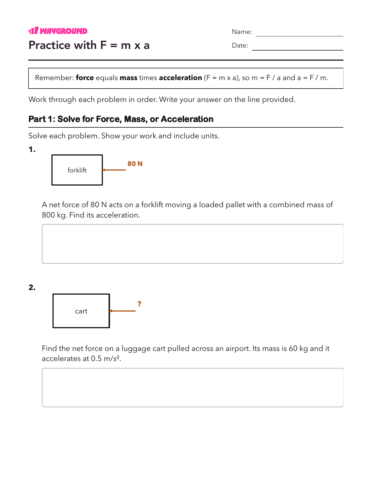 Practice with F = m x a - Imprimível Segunda-lei-de-newton-do-movimento Fichas-de-trabalho - Wayground