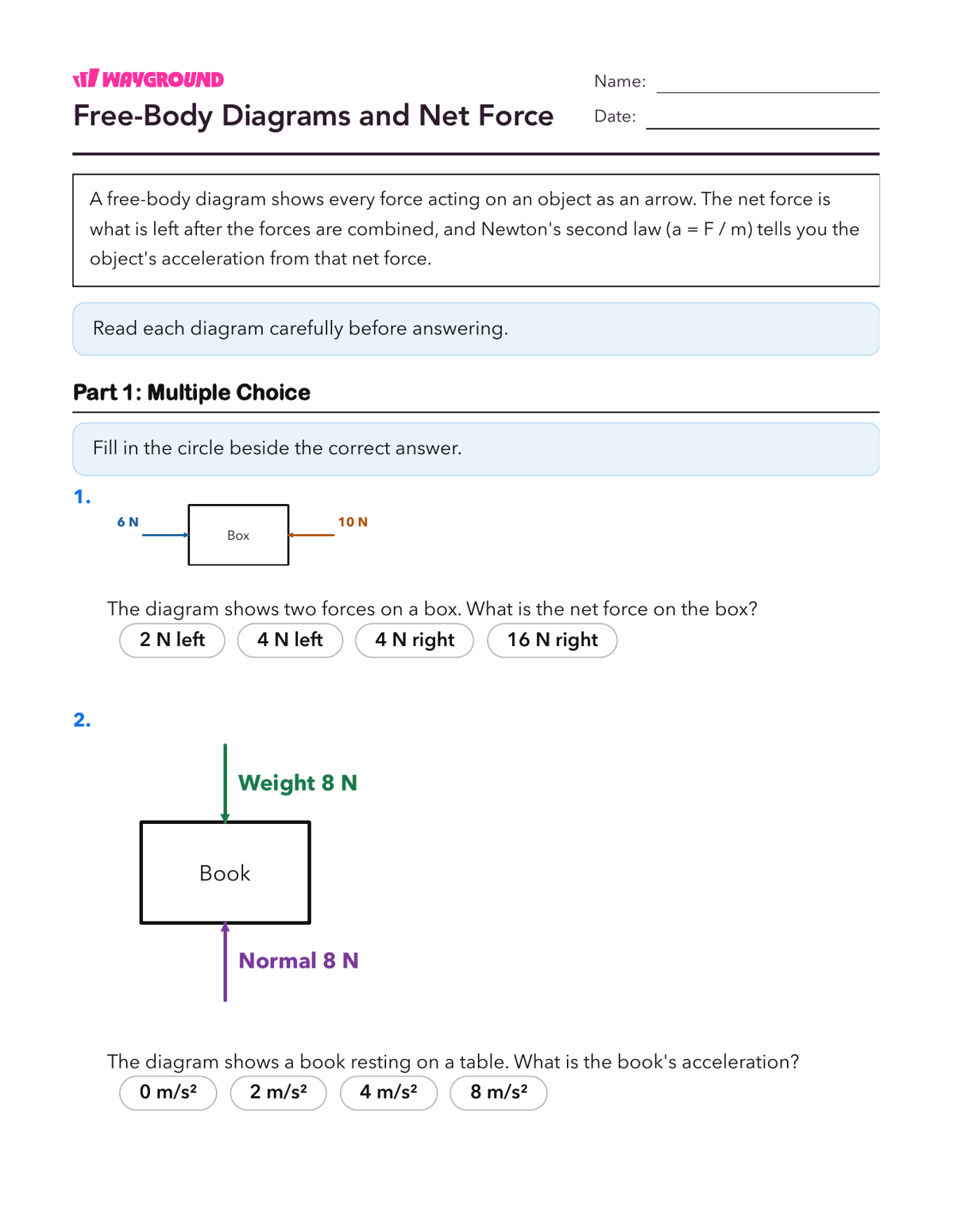 Free-Body Diagrams and Net Force - Imprimível Segunda-lei-de-newton-do-movimento Fichas-de-trabalho - Wayground
