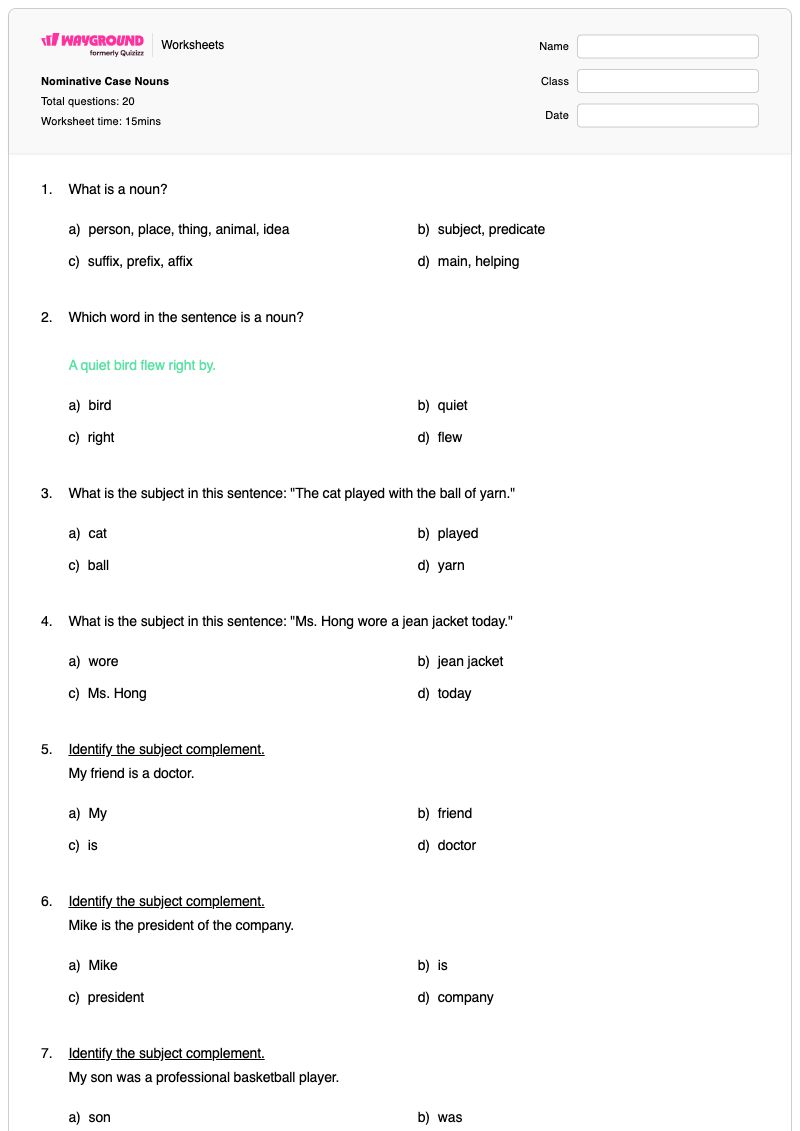 Nominative Case Nouns  - พิมพ์ได้ Subject-complements เวิร์กชีท ระดับ 6 - Wayground