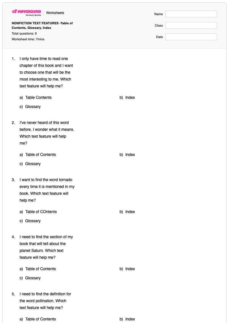NONFICTION TEXT FEATURES -Table of Contents, Glossary, Index - Printable Nonfiction-text-features Worksheets Kindergarten - Wayground