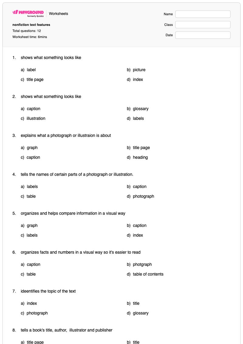 nonfiction text features - Printable Nonfiction-text-features Worksheets Grade 6 - Wayground