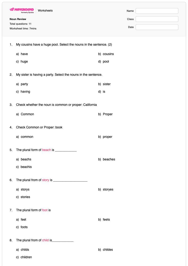 Noun Review - พิมพ์ได้ Plural-rules เวิร์กชีท ระดับ 3 - Wayground