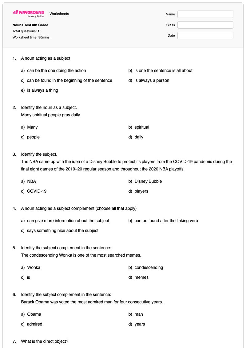 Nouns Test 8th Grade - พิมพ์ได้ Subject-complements เวิร์กชีท - Wayground