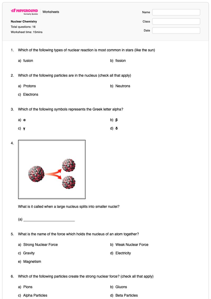 Nuclear Chemistry - พิมพ์ได้ การเปลี่ยนแปลงนิวเคลียร์ เวิร์กชีท ระดับ 11 - Wayground
