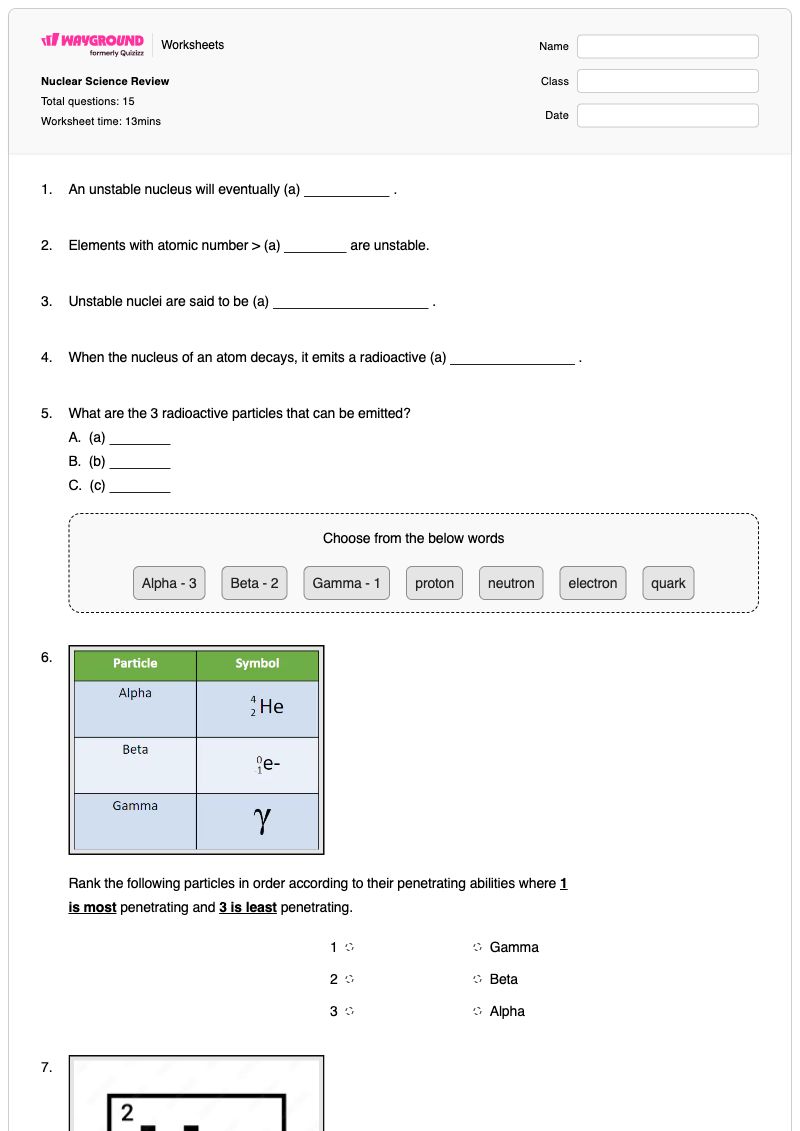 Nuclear Science Review - พิมพ์ได้ การปรับสมดุลปฏิกิริยานิวเคลียร์ เวิร์กชีท - Wayground