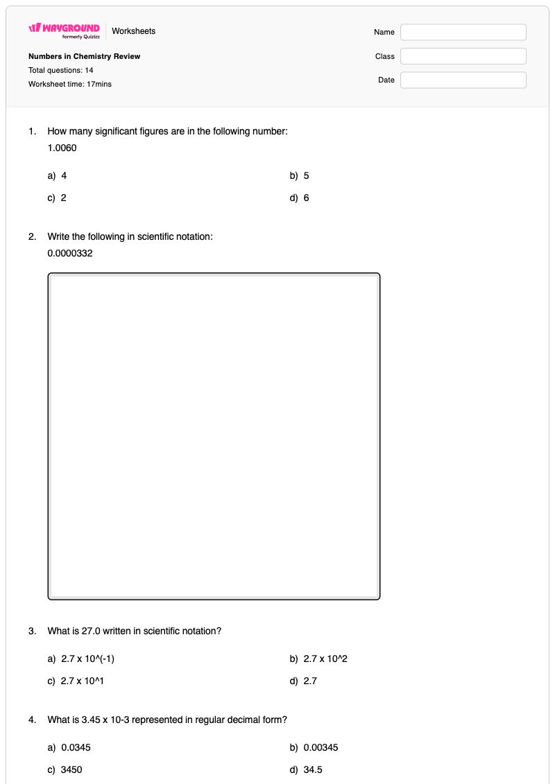 Numbers in Chemistry Review - พิมพ์ได้ Conversions เวิร์กชีท ระดับ 11 - Wayground