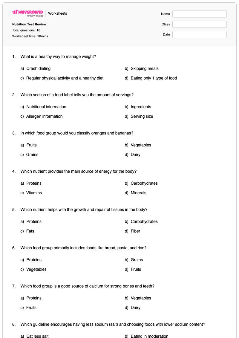 Nutrition Test Review - พิมพ์ได้ Healthy-habits เวิร์กชีท ระดับ 8 - Wayground