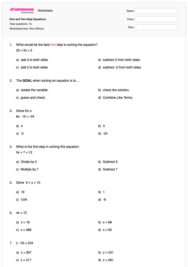 One and Two Step Equations  - Printable Two-step-equations Worksheets - Wayground