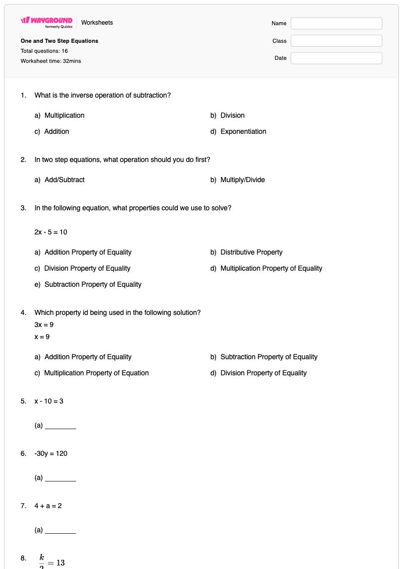 One and Two Step Equations - Printable Two-step-equations Worksheets - Wayground
