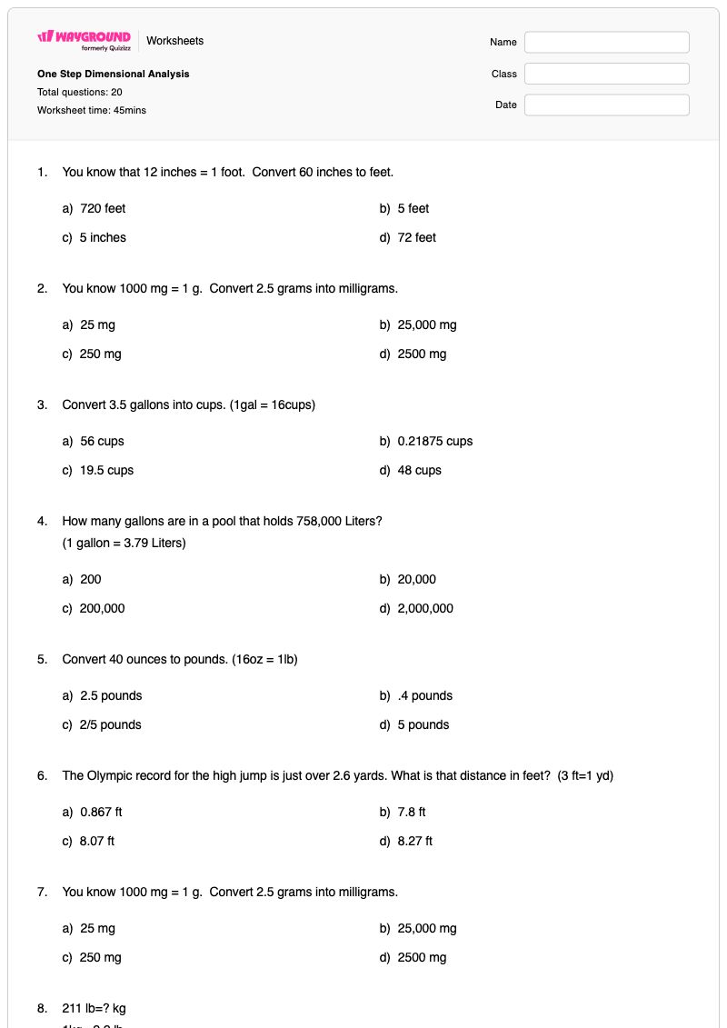 One Step Dimensional Analysis - พิมพ์ได้ One-dimensional-kinematics เวิร์กชีท - Wayground