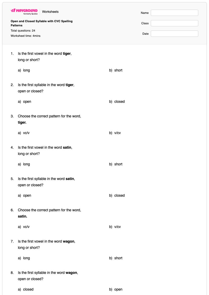 Open and Closed Syllable with CVC Spelling Patterns - พิมพ์ได้ รูปแบบการสะกดคำ เวิร์กชีท ระดับ 3 - Wayground