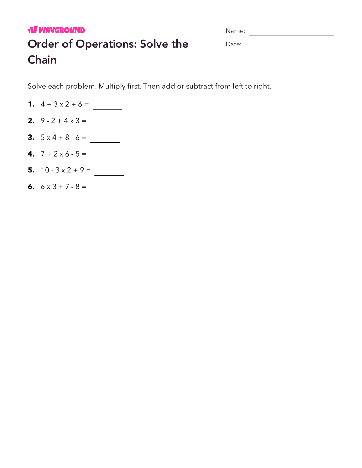 Order of Operations: Solve the Chain - Printable Order-of-operations-pemdas Worksheets Year 3 - Wayground