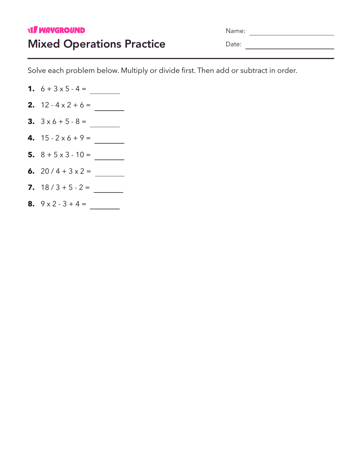 Mixed Operations Practice - Printable Order-of-operations-pemdas Worksheets Year 3 - Wayground