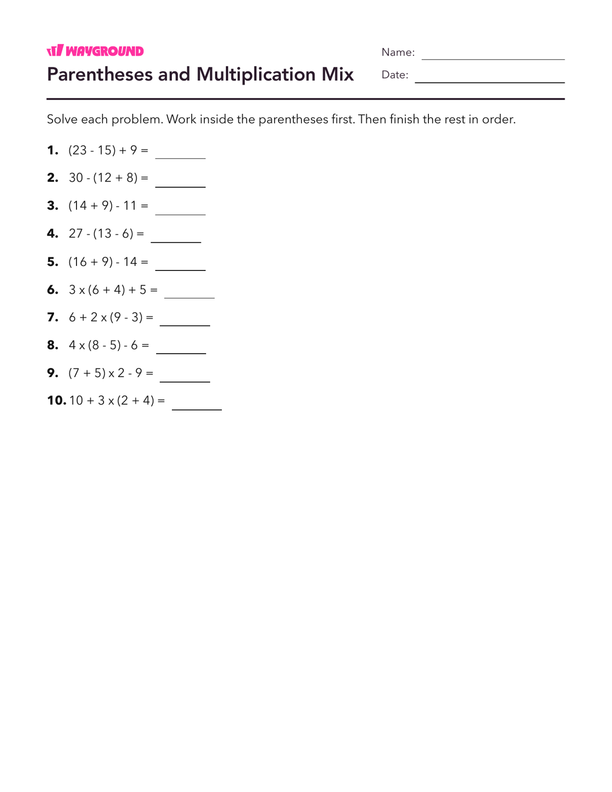 Parentheses and Multiplication Mix - Printable Order-of-operations-pemdas Worksheets Year 3 - Wayground