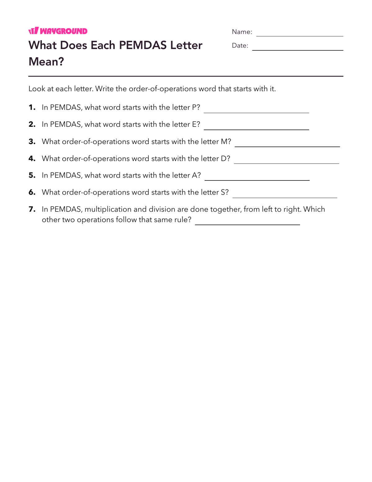 What Does Each PEMDAS Letter Mean? - Printable Order-of-operations-pemdas Worksheets Year 3 - Wayground