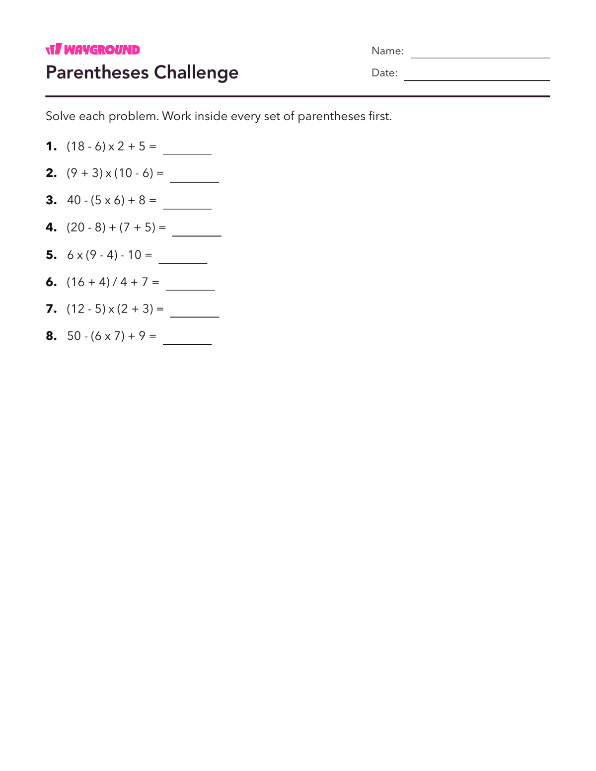 Parentheses Challenge - Printable Order-of-operations-pemdas Worksheets Year 3 - Wayground