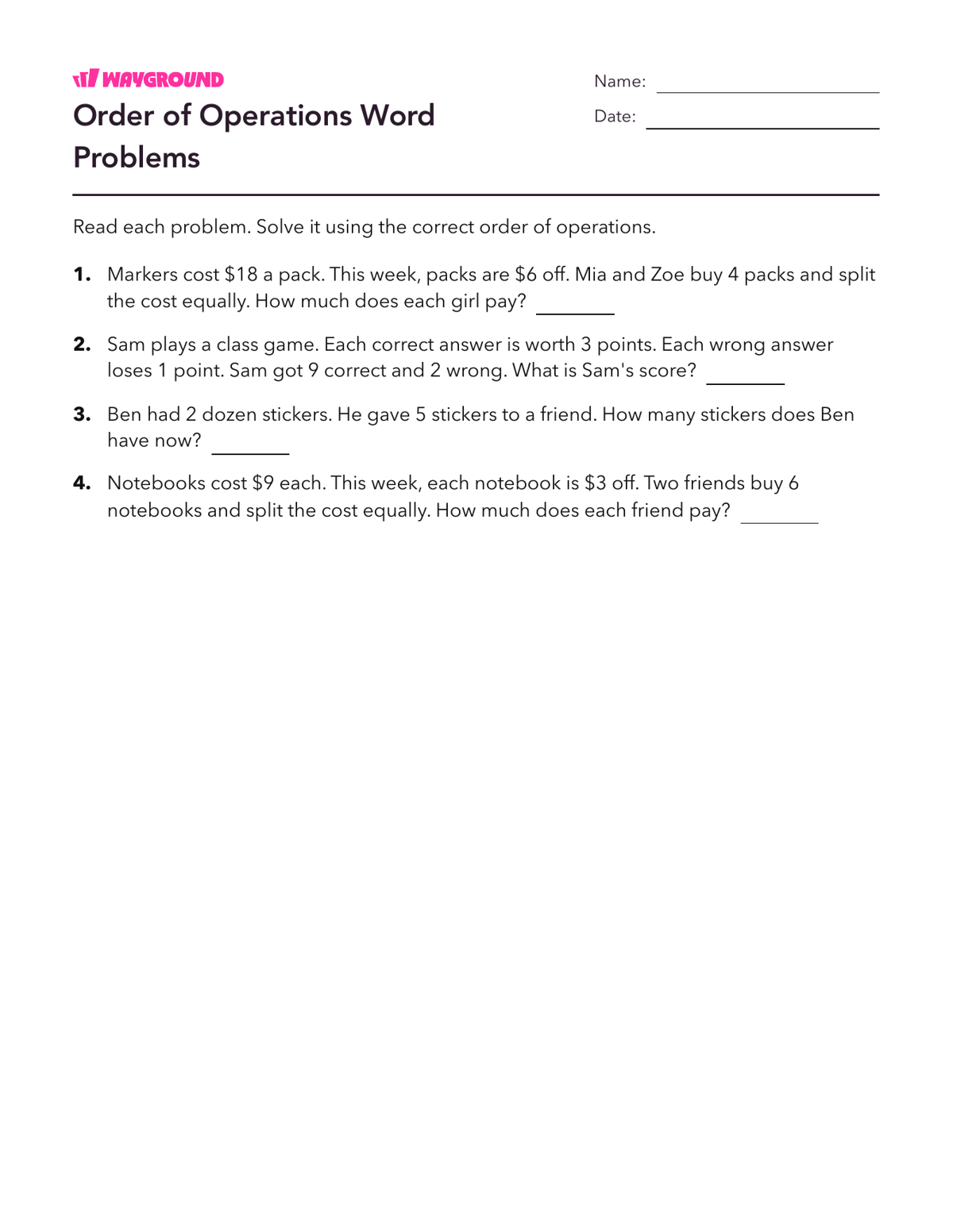 Order of Operations Word Problems - Printable Order-of-operations-pemdas Worksheets Year 3 - Wayground