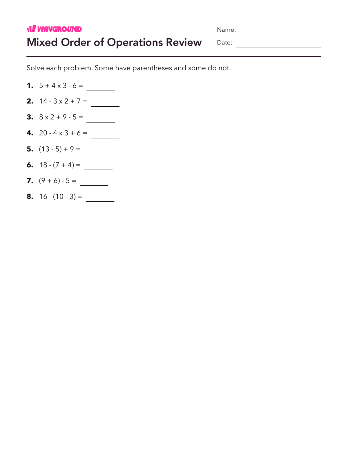 Mixed Order of Operations Review - Printable Order-of-operations-pemdas Worksheets Year 3 - Wayground