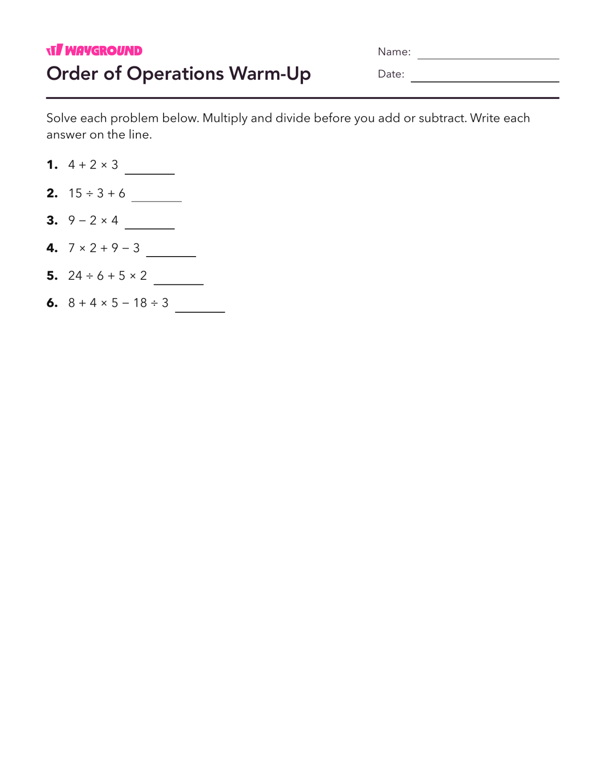 Order of Operations Warm-Up - Printable Order-of-operations-pemdas Worksheets Year 4 - Wayground