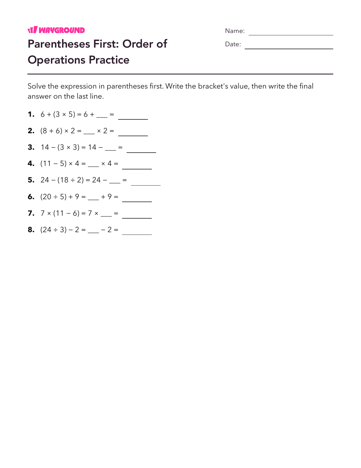 Parentheses First: Order of Operations Practice - Printable Order-of-operations-pemdas Worksheets Year 4 - Wayground