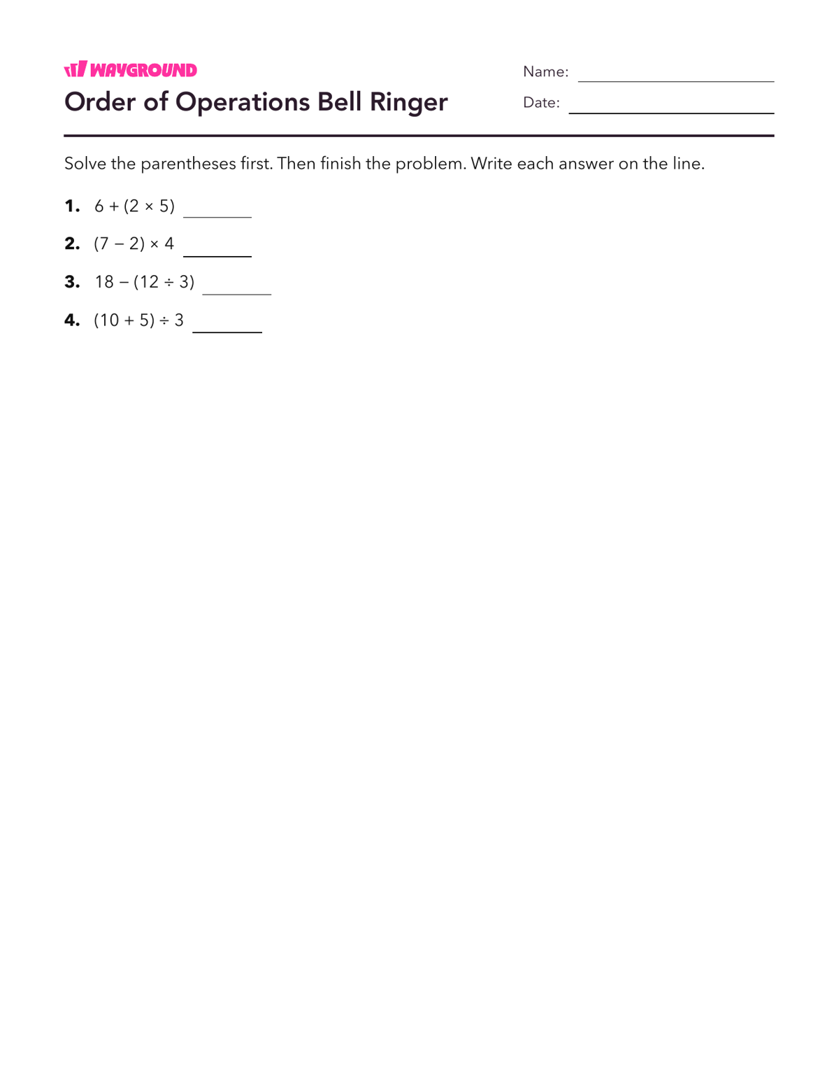 Order of Operations Bell Ringer - Printable Order-of-operations-pemdas Worksheets Year 4 - Wayground