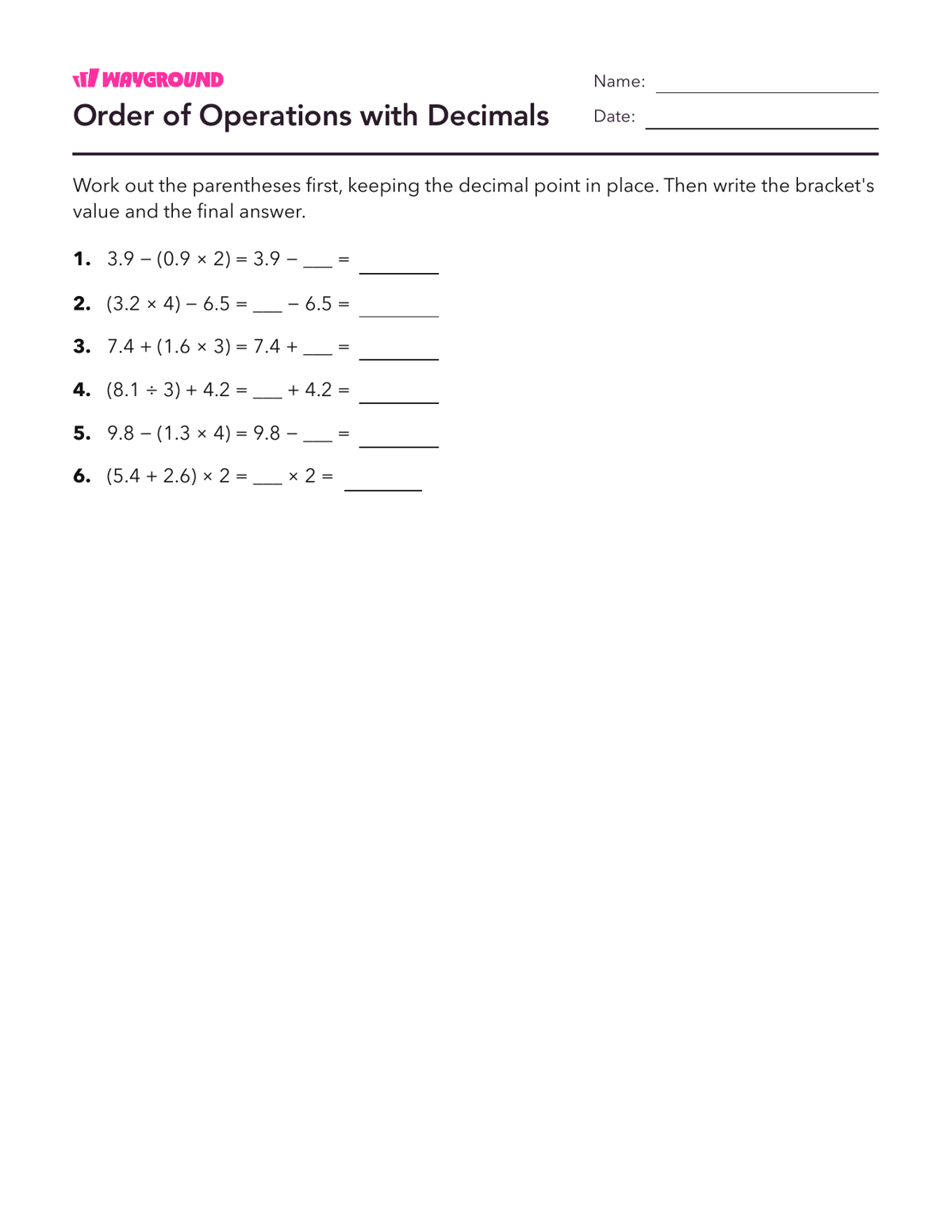 Order of Operations with Decimals - Printable Order-of-operations-pemdas Worksheets Year 4 - Wayground