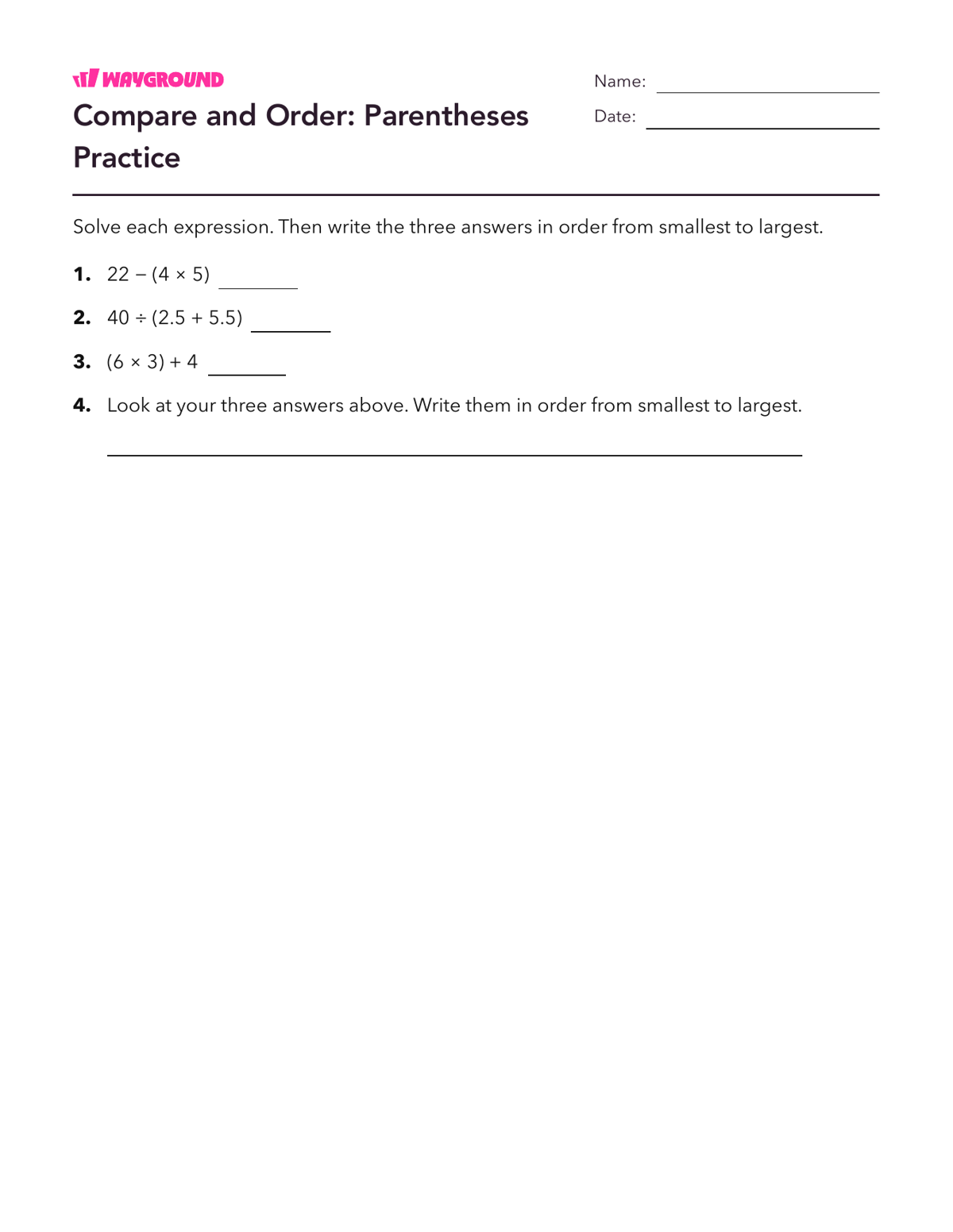 Compare and Order: Parentheses Practice - Printable Order-of-operations-pemdas Worksheets Year 4 - Wayground
