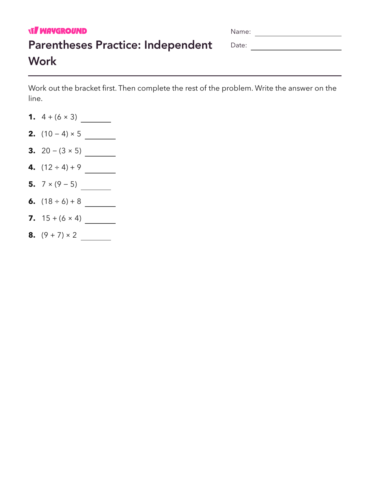 Parentheses Practice: Independent Work - Printable Order-of-operations-pemdas Worksheets Year 4 - Wayground