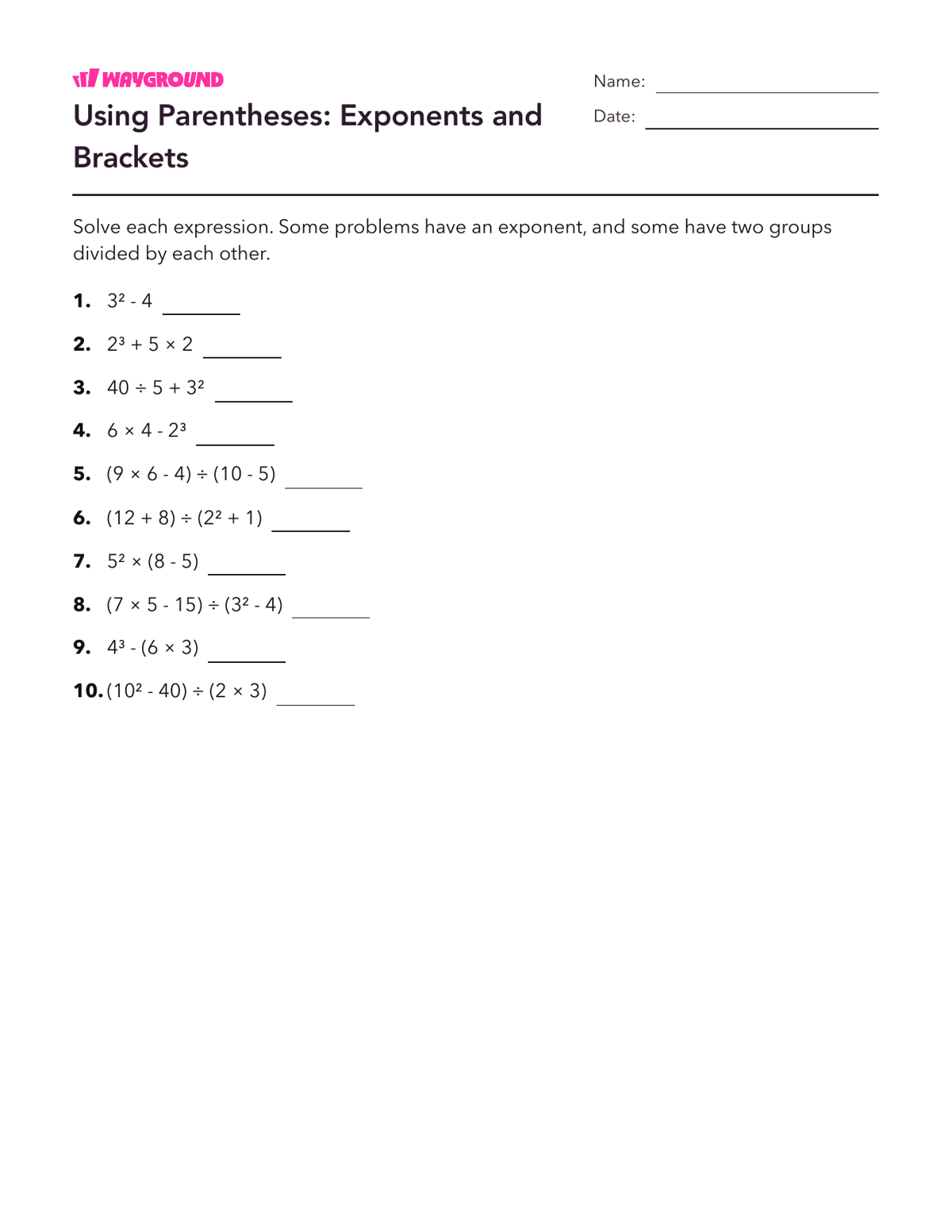 Using Parentheses: Exponents and Brackets - Printable Order-of-operations-pemdas Worksheets Year 5 - Wayground