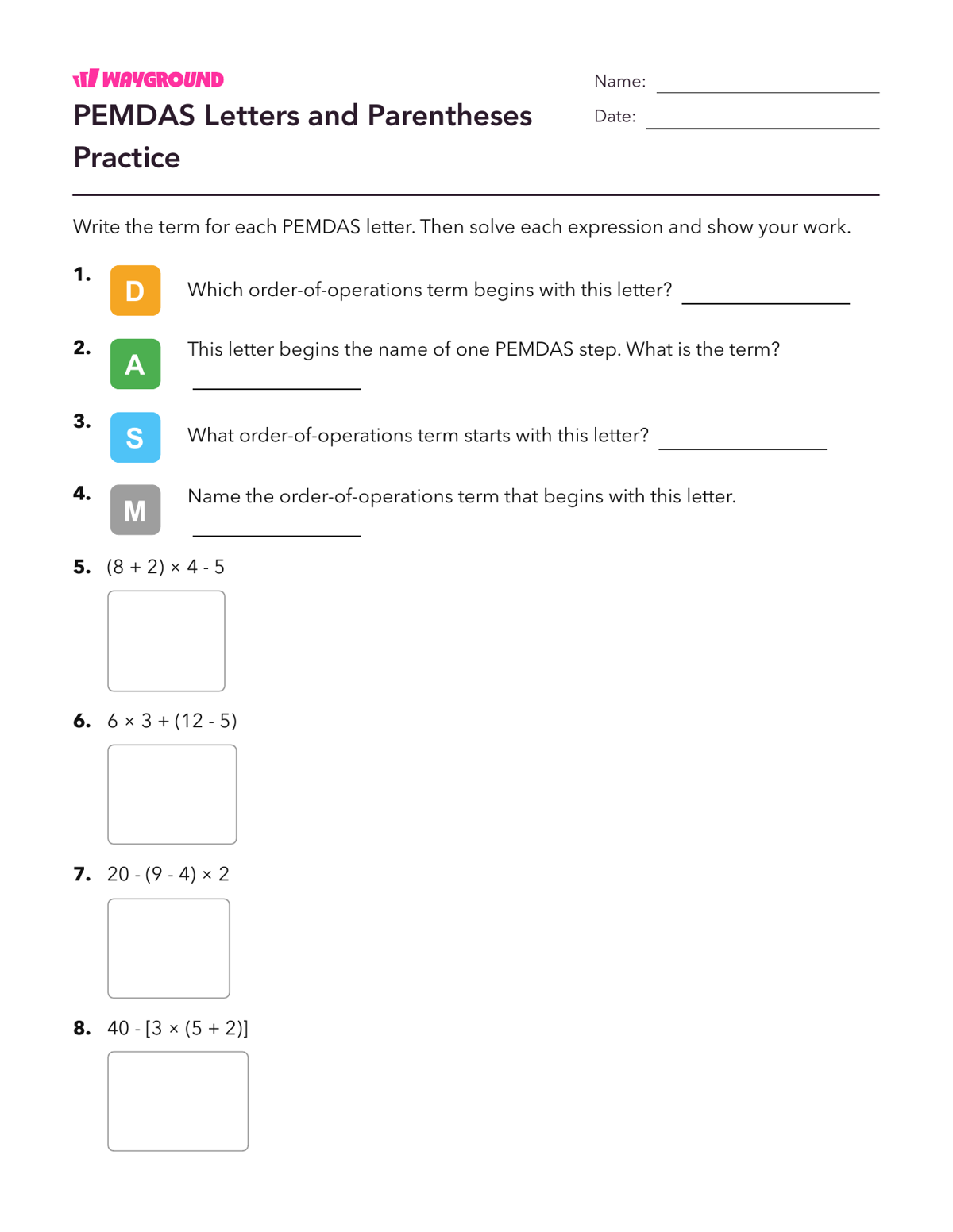 PEMDAS Letters and Parentheses Practice - Printable Order-of-operations-pemdas Worksheets Year 5 - Wayground