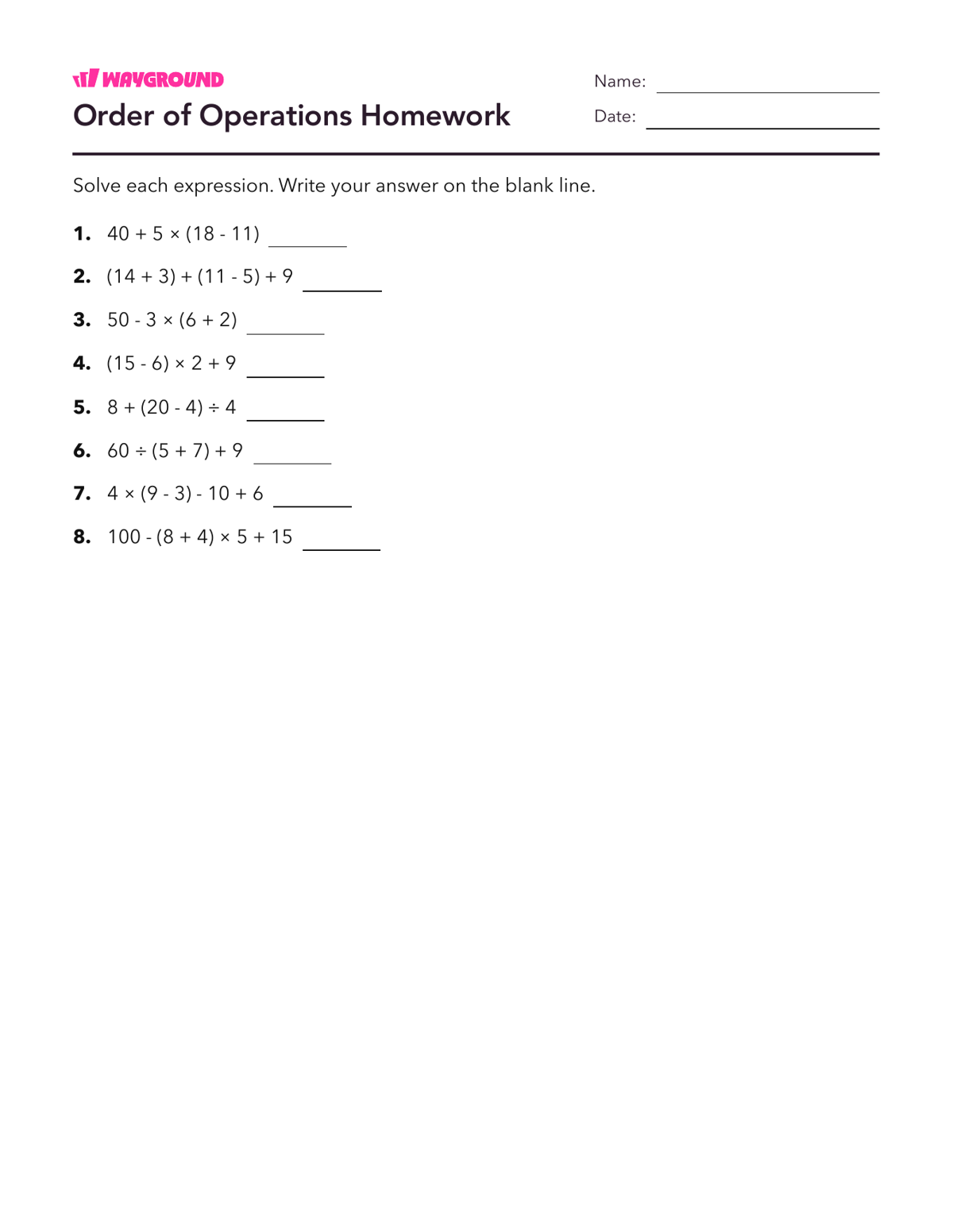 Order of Operations Homework - Printable Order-of-operations-pemdas Worksheets Year 5 - Wayground