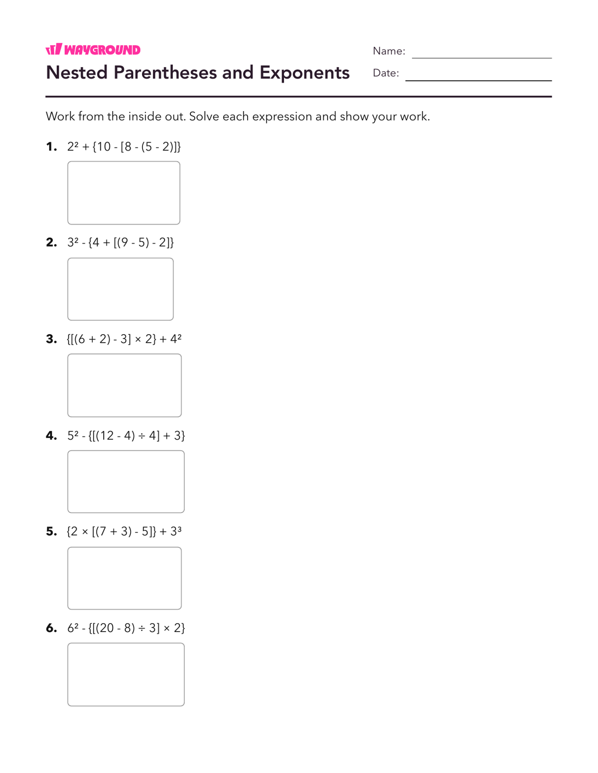 Nested Parentheses and Exponents - Printable Order-of-operations-pemdas Worksheets Year 5 - Wayground