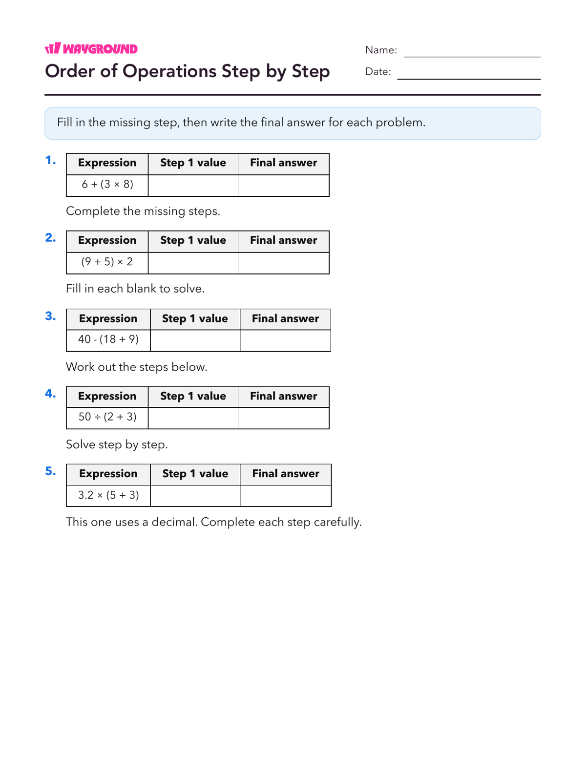 Order of Operations Step by Step - Printable Order-of-operations-pemdas Worksheets Year 5 - Wayground